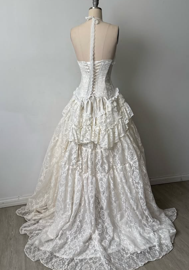 Vintage Ball Gown Halter White Lace Prom Dress Wedding Dress DP3993