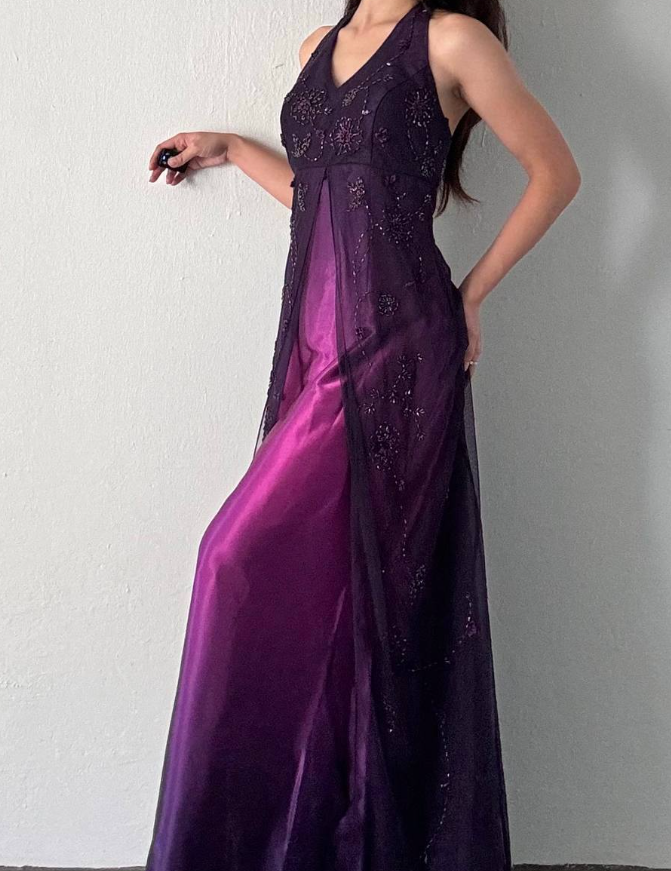 Charming A Line Halter Beaded Flower Purple Tulle Satin Prom Dress Evening Dress DP2233
