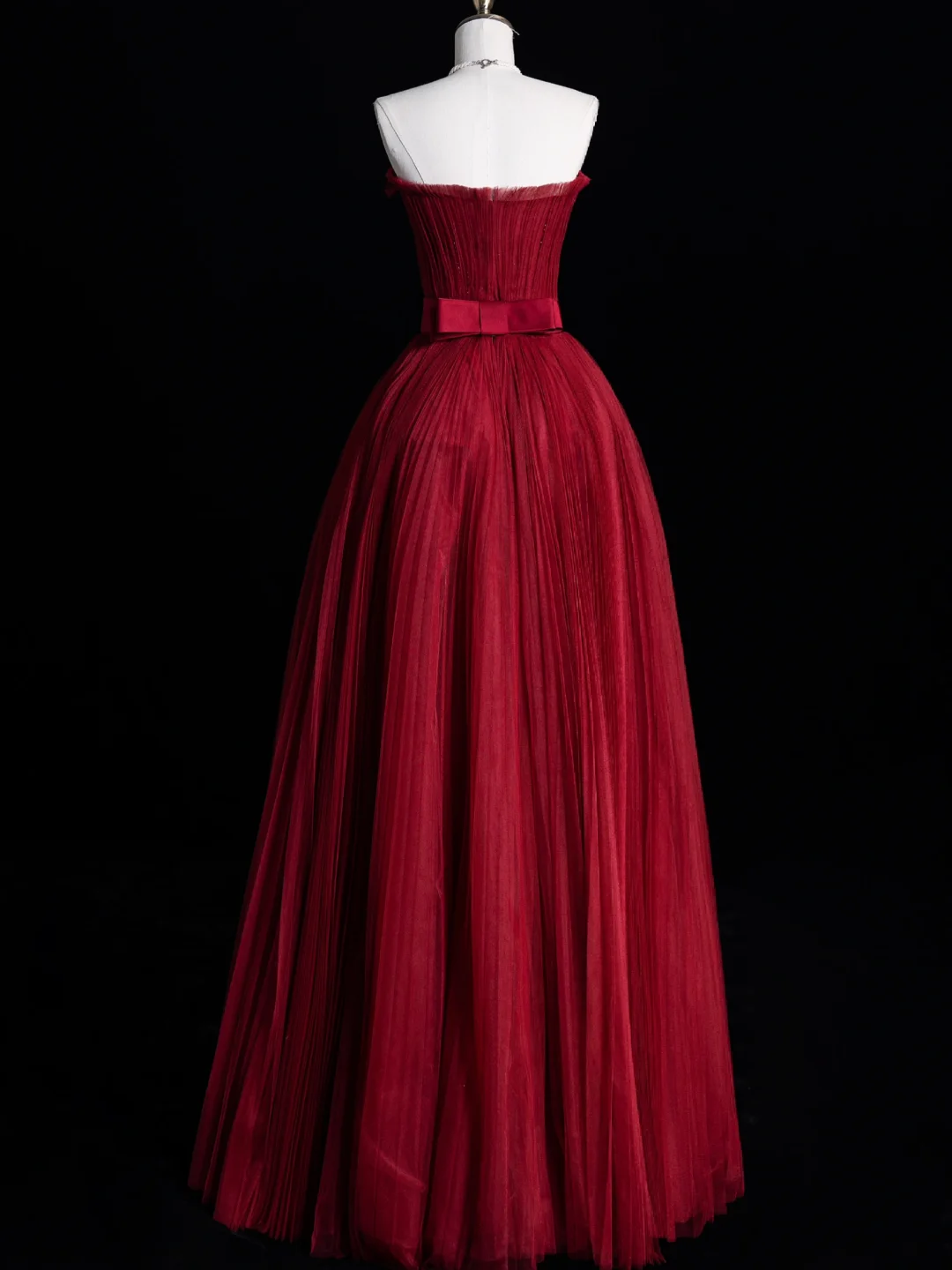 Simple A Line Strapless Burgundy Tulle Long Prom Dress Evening Dress DP2090