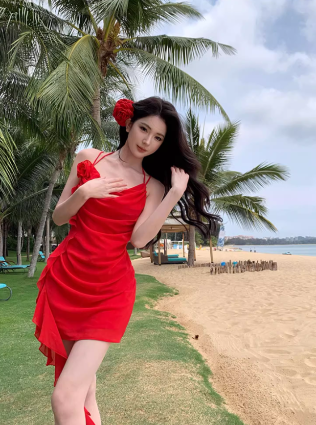 Backless Sheath Strap Red Chiffon Homecoming Dress Vacation Dress Outfits DP3407