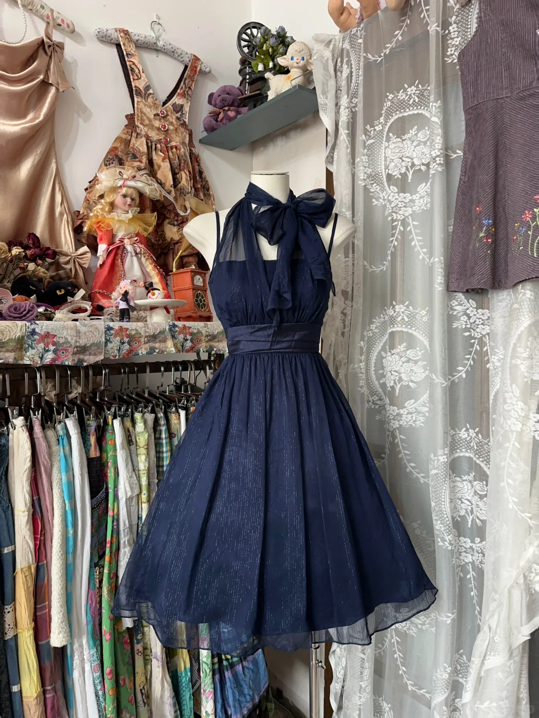 Vintage A Line Halter Navy Blue Bow Chiffon Short Homecoming Dress Party Dress DP4991