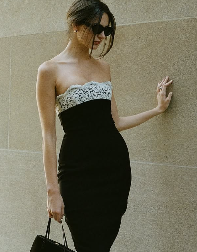 Classic Sheath Strapless White Lace Black Satin Homecoming Dress Birthday Dress DP4011