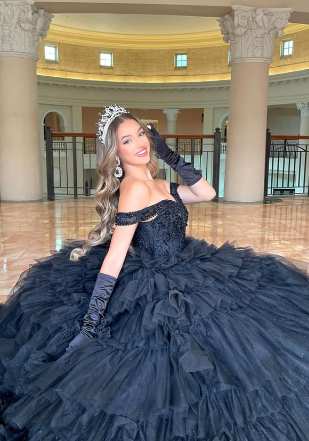 Black Ball Gown Off the Shoulder Beaded Layered Tulle Prom Dress Quinceanera Dress DP4834