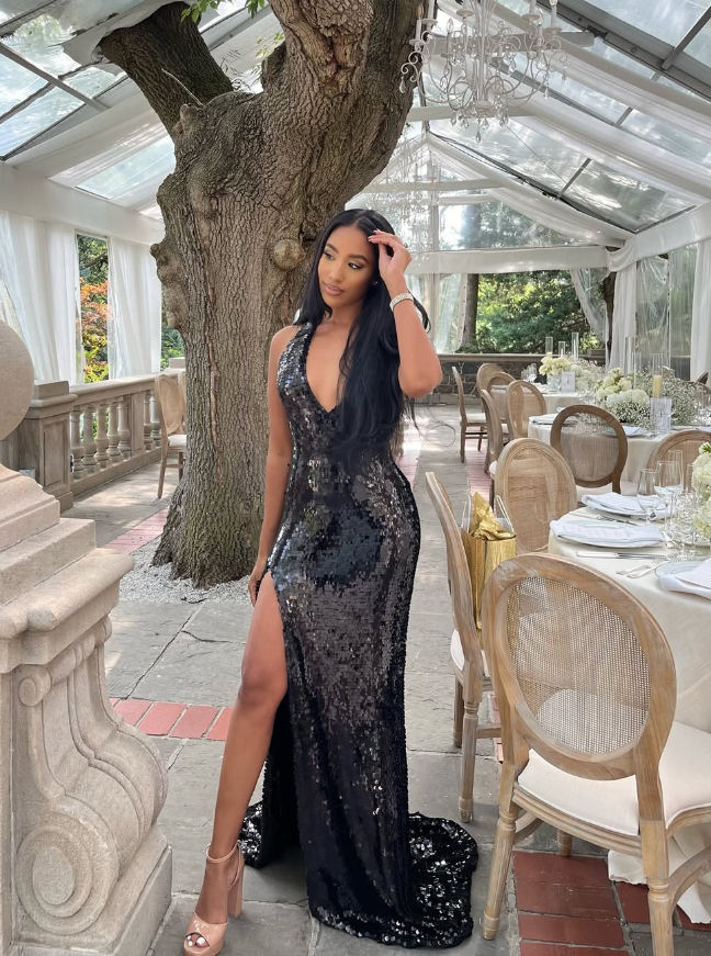 Sexy Sheath V Neck Black Sequin Long Sweep Prom Dress Graduation Prom Dress DP2116
