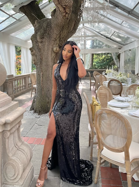 Sexy Sheath V Neck Black Sequin Long Sweep Prom Dress Graduation Prom Dress DP2116