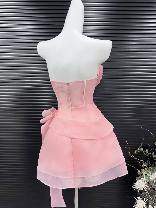 Pink A Line Sweetheart Neck Flower Layered Organza Mini Homecoming Dress Birthday Dress DP2614