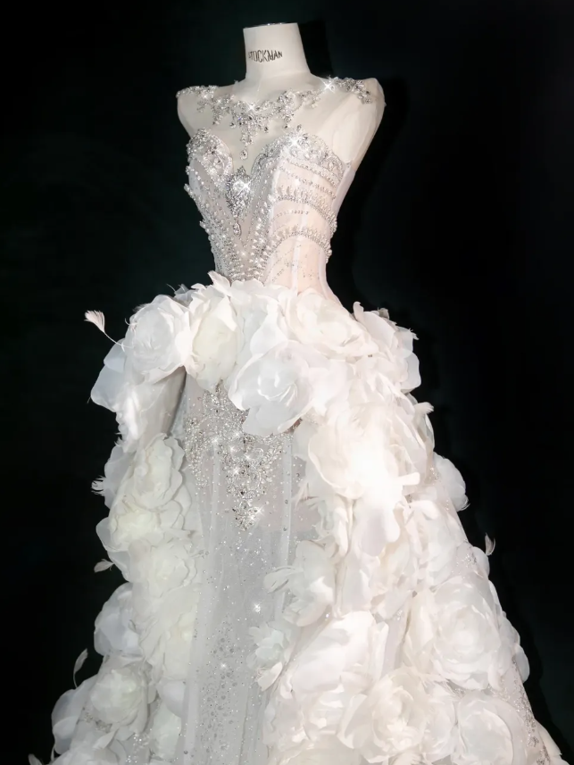 3D Flower White A Line Sweetheart Neck Rhinestone Tulle Long Prom Dress DP2754