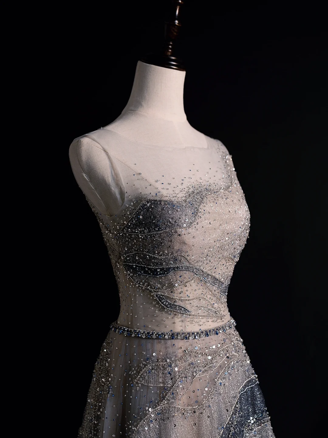 Gorgeous A Line Round Sequin Beaded Grey Tulle Long Prom Dress Party Dress DP2516