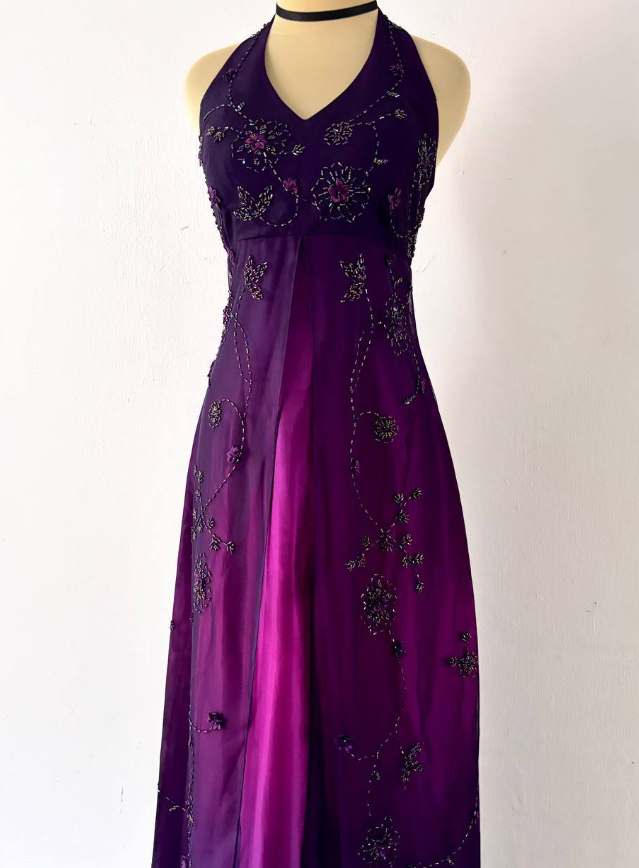 Charming A Line Halter Beaded Flower Purple Tulle Satin Prom Dress Evening Dress DP2233
