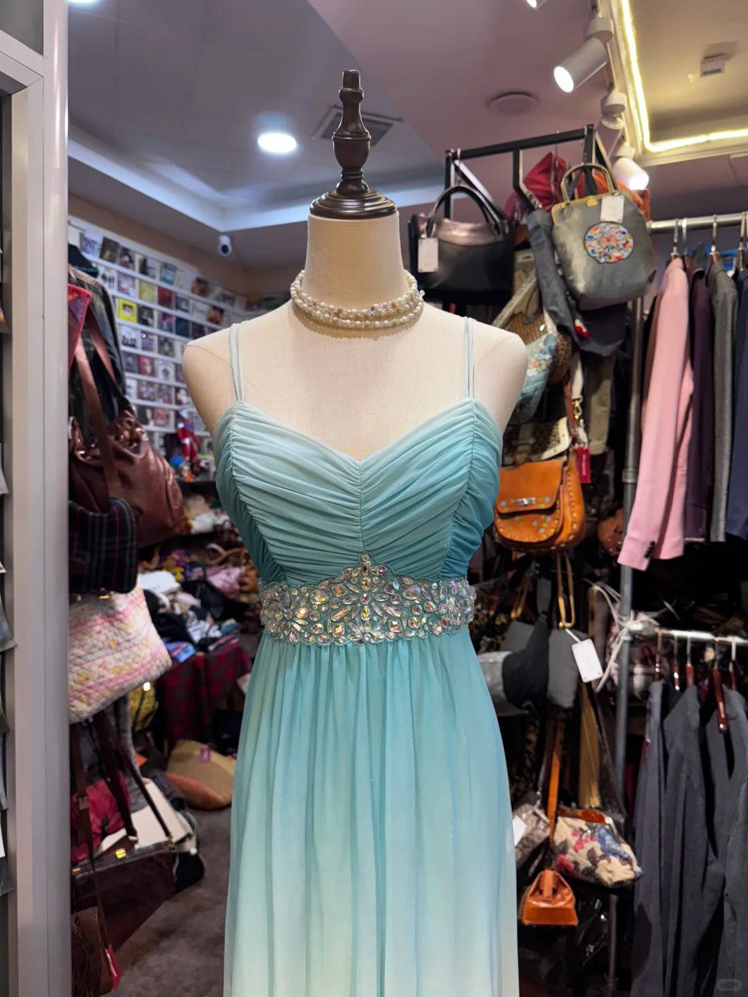 Vintage A Line Spaghetti Strap Rhinestone Blue Ombre Chiffon Prom Dress Party Dress DP3710