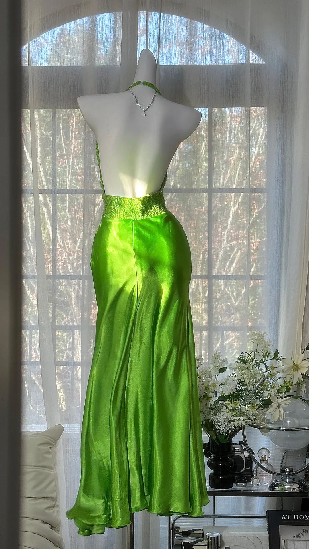Vintage Charming Mermaid Halter Green Beaded Satin Open Back Long Prom Dress DP4716