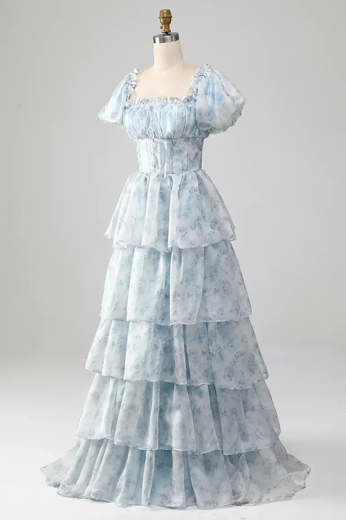 Light Blue Chiffon Floral Layers Long Party Dress Evening Dress Formal Prom Dress DP288