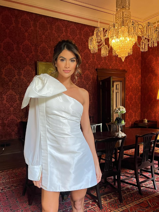 A Line One Shoulder Long Sleeve White Satin Short Homecoming Dress Birthday Dress DP1619