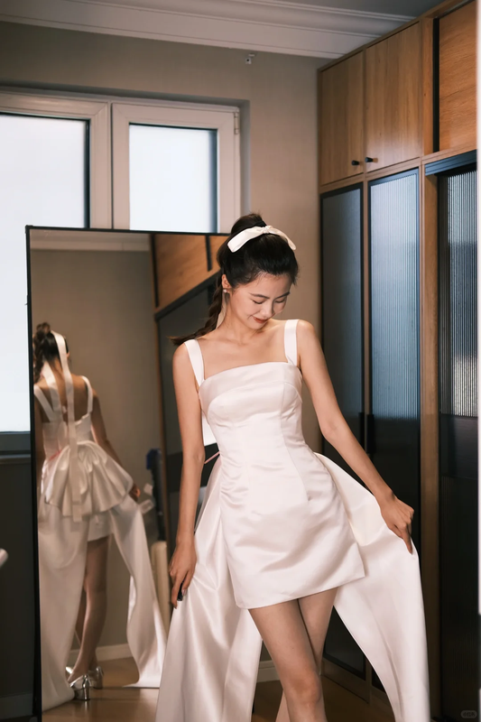 Simple A Line Strap White Satin Homecoming Dress Birthday Dress with Bow DP2696