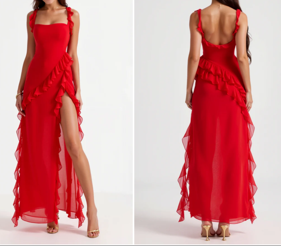 Flowy Ruffle A Line Straps Brown Chiffon Date Dress Party Dress Gown Dress with Slit DP3068