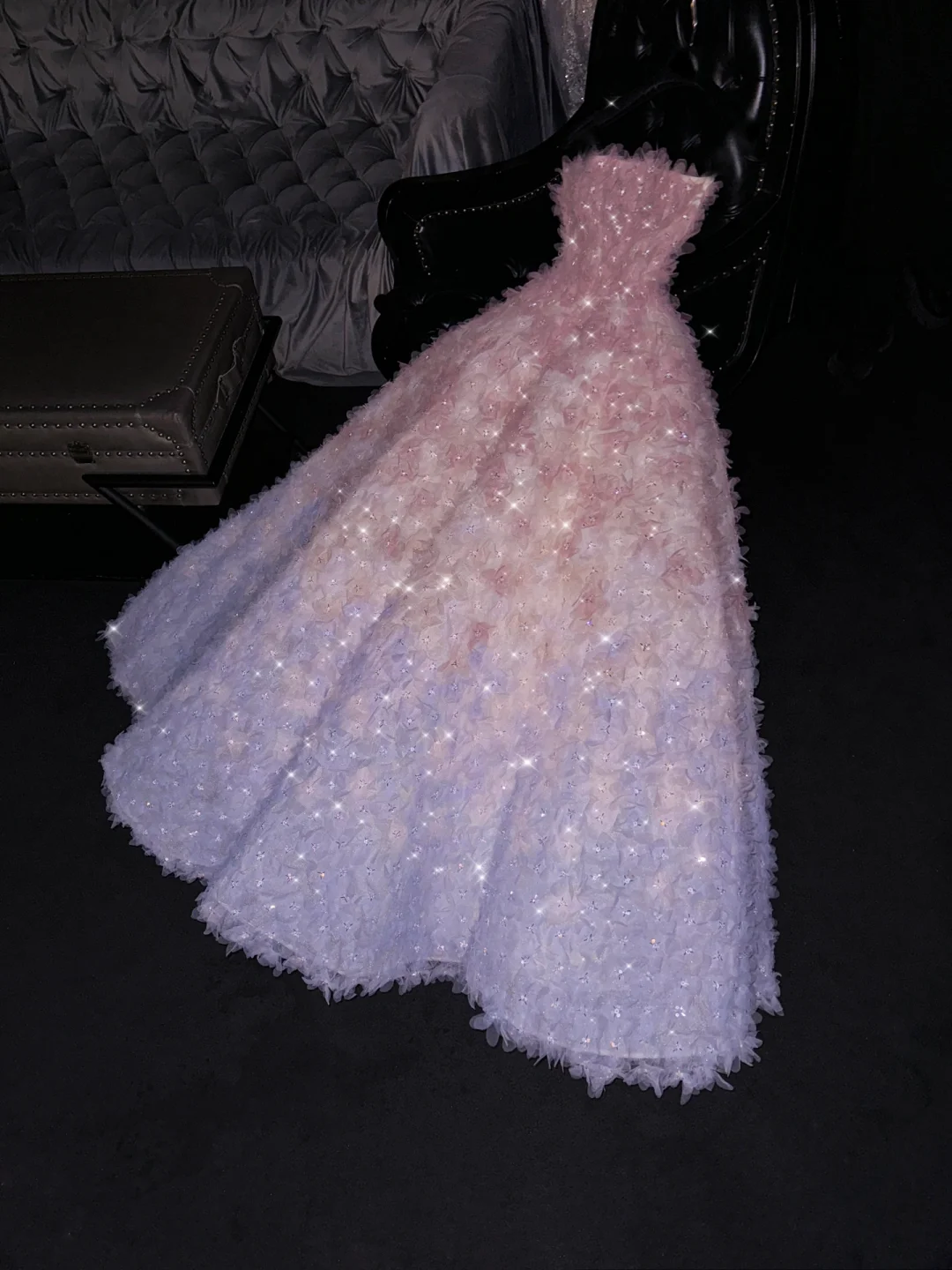 Purple Pink Ombre A Line Strapless 3D Flower Tulle Long Prom Dress Graduation Prom Dress DP1969