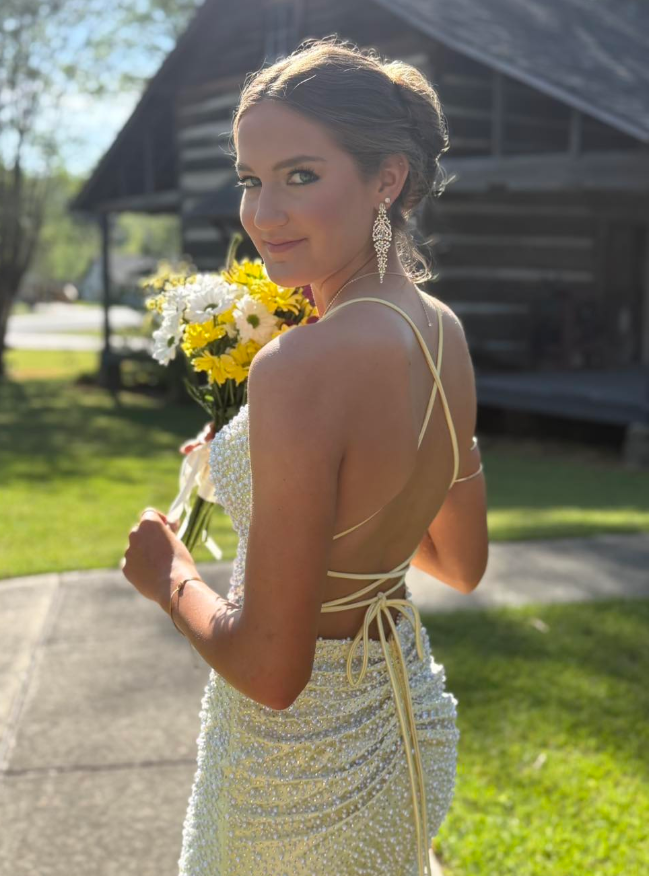 Dazzling Mermaid Spaghetti Strap Pearl Yellow Satin Backless Slit Prom Dress Party Evening Dress DP6312