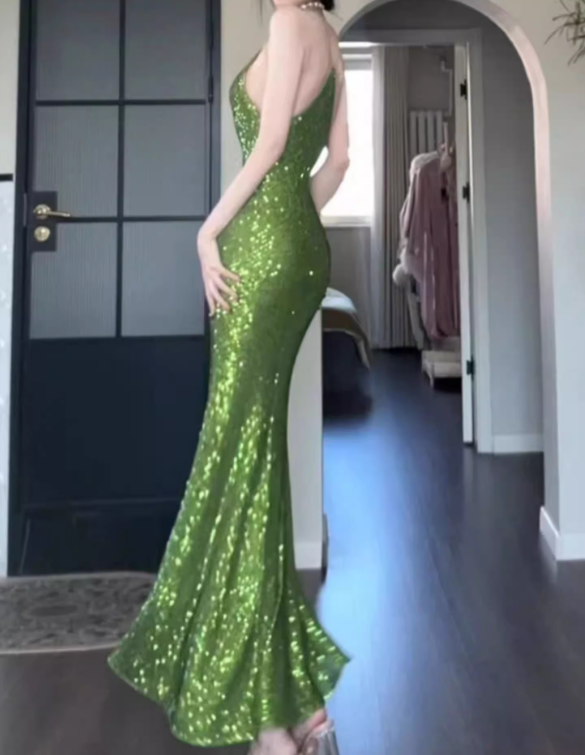 Shiny Green Mermaid Spaghetti Strap Sequin Prom Dress Evening Dress Party Dress DP3582