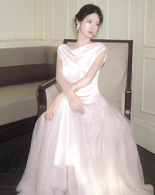 Gentle Light Pink Ball Gown Tulle Satin Prom Dress 16th Birthday Dress DP3569