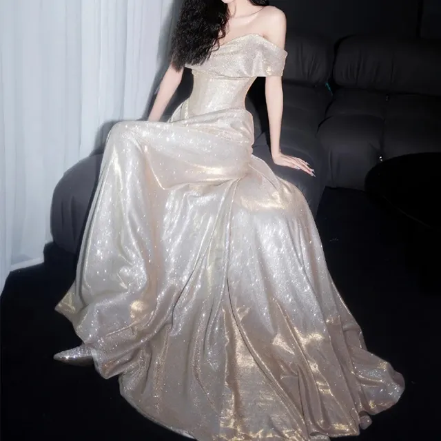 Shiny A Line Off the Shoulder Champagne Sequin Long Prom Dress Party Dress DP2625