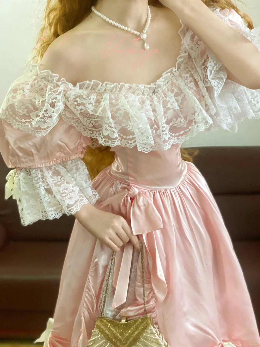 Vintage Ball Gown Puff Pink Bow Satin White Lace Prom Dress 16th Birthday Dress DP4143