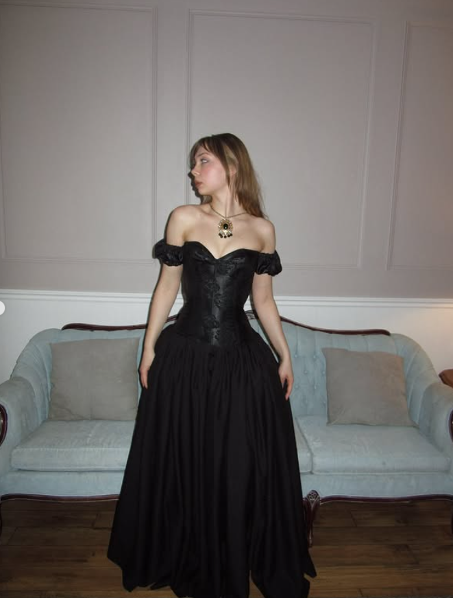 Black A Line Off the Shoulder Print Floral Satin Prom Dress Evening Dress DP3992