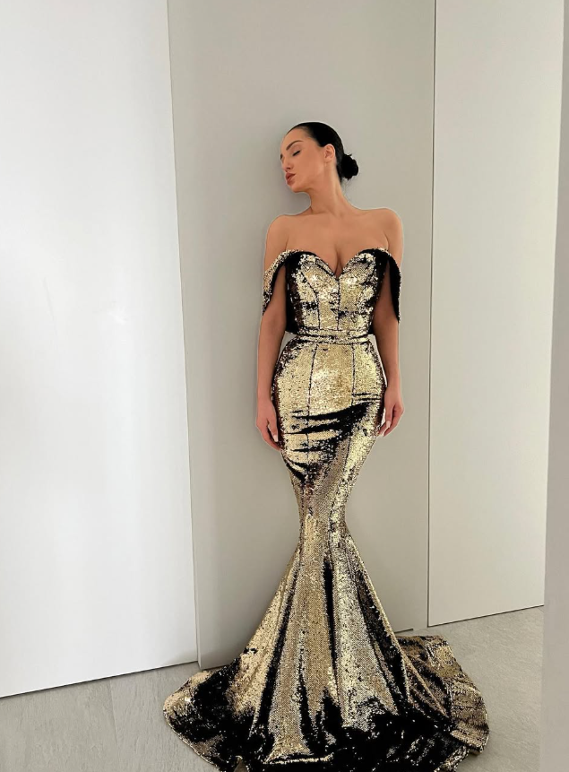 Sexy Shiny Mermaid Off the Shoulder Gold-black Sequin Prom Dress Date Dress DP5192