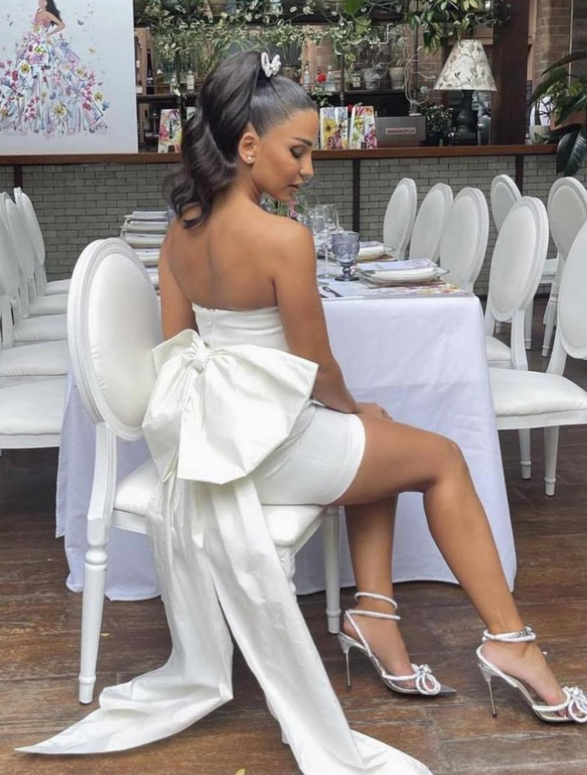 Simple Sheath Strapless White Bow Satin Short Homecoming Dress Party Dress DP1264