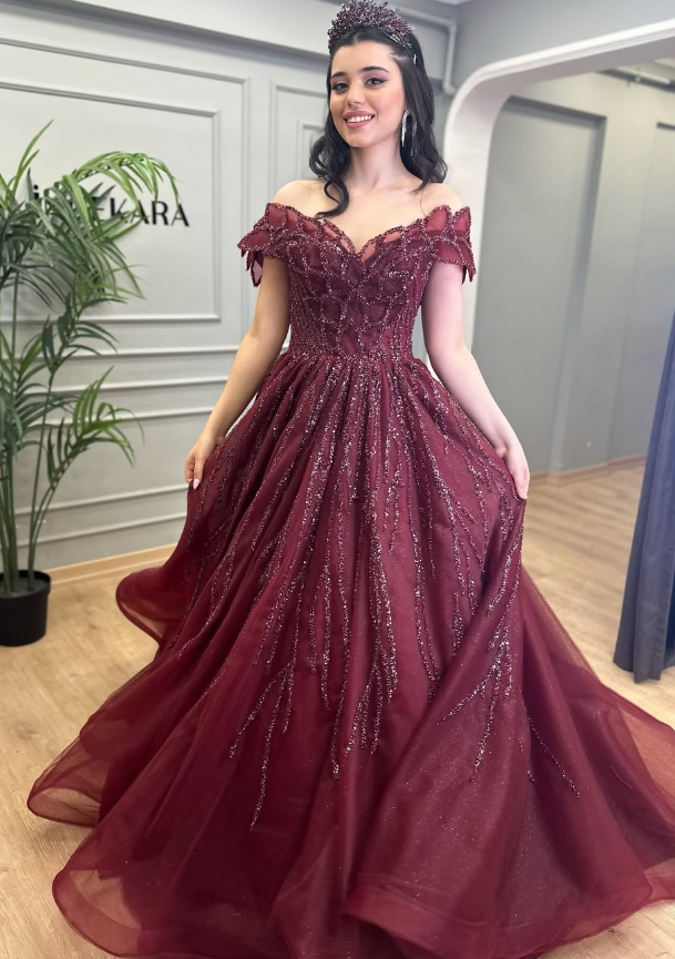 Stunning A Line Off the Shoulder Navy Blue Sequin Beaded Tulle Prom Dress Evening Dress DP1858