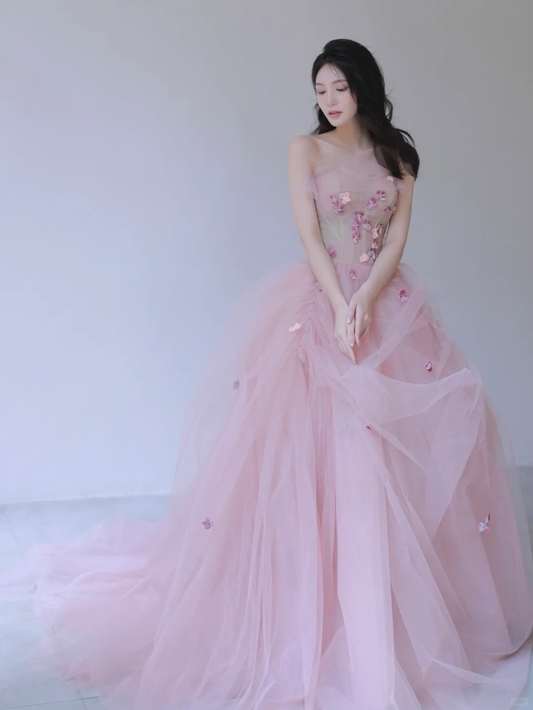 Elegant A Line Strapless Pink Flower Tulle Long Party Dress Evening Dress DP2549