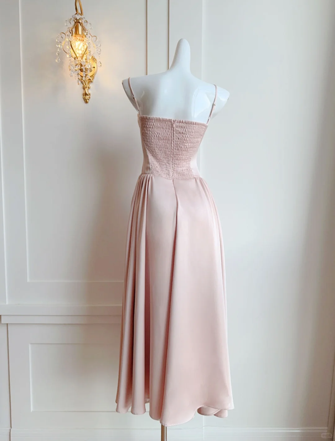 Gentle A Line Spaghetti Strap Pink Satin Prom Dresses Outfits DP4193