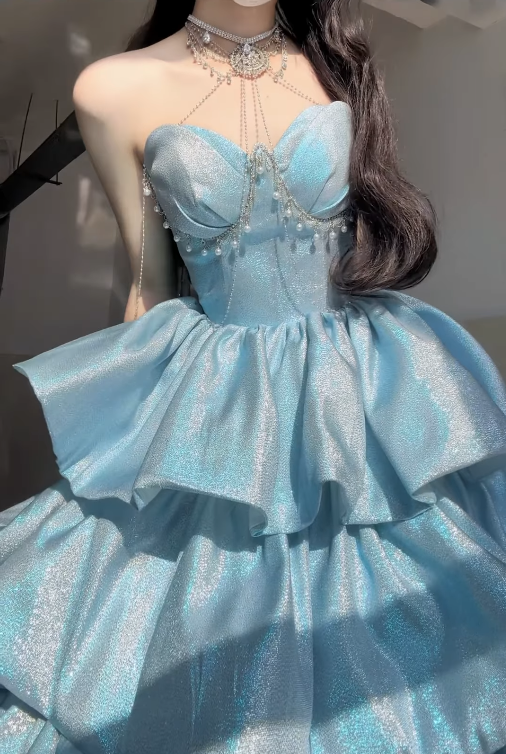 Dreamy Blue Ball Gown Sweetheart Neck Layered Sequin Prom Dress DP4159