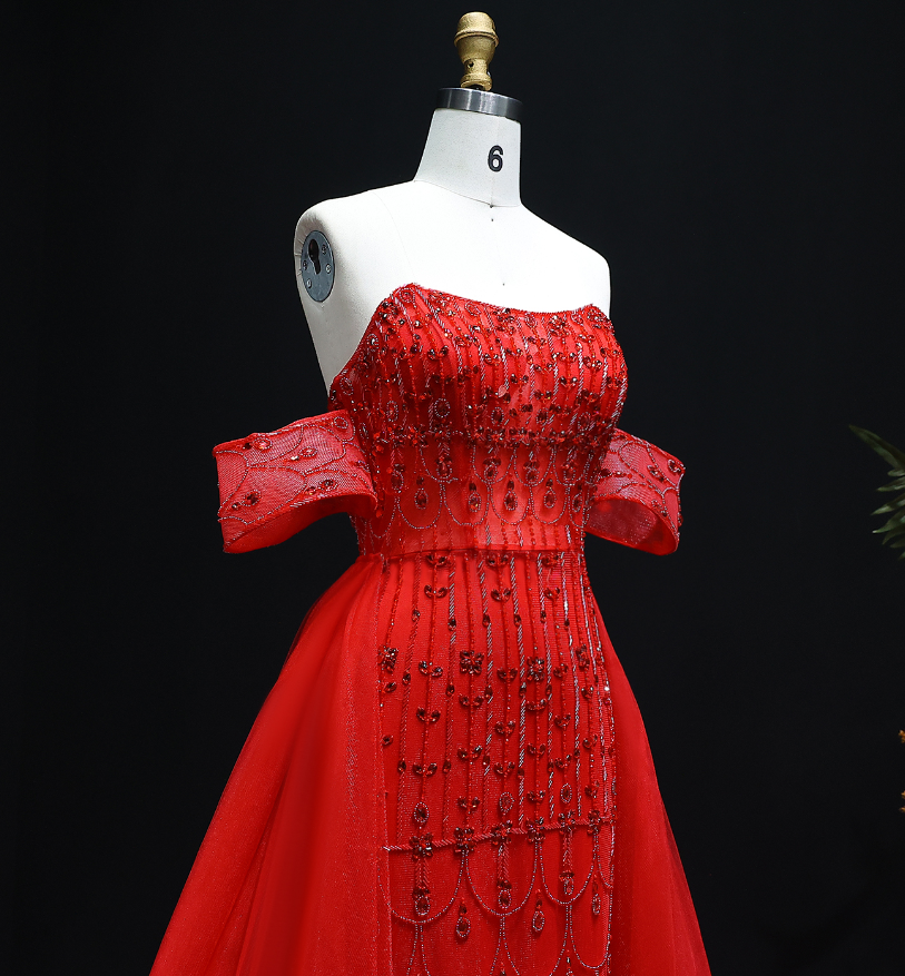 Charming A Line Off the Shoulder Beaded Tulle Prom Dress Evening Dress DP1921