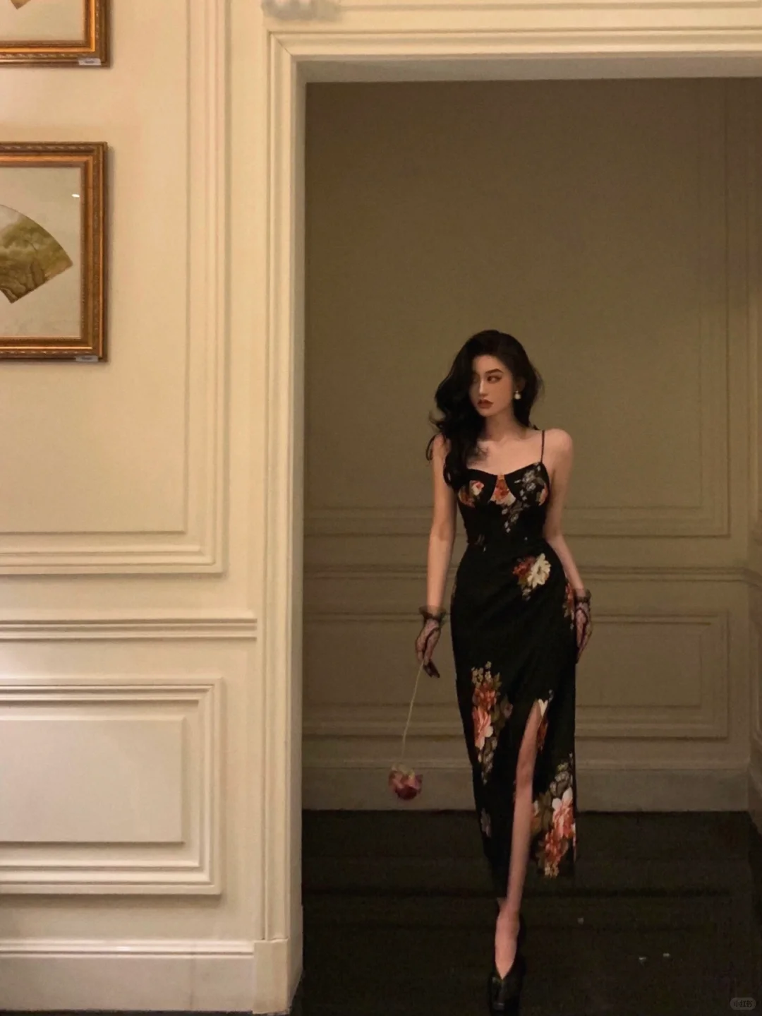 Sexy Sheath Spaghetti Strap Print Floral Black Chiffon Prom Dress Party Dress Outfits DP4138