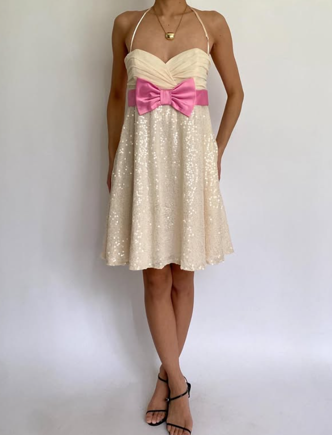 Vintage Apricot A Line Halter Sequin Short Prom Dress Homecoming Dress with Bow DP3690