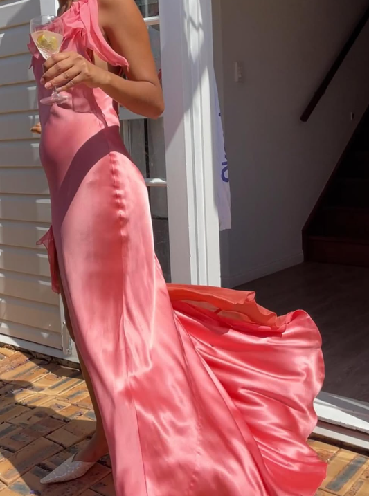Pink Mermaid Spaghetti Strap Ruffle Satin Open Back Prom Dress Graduation Prom Dress DP2163