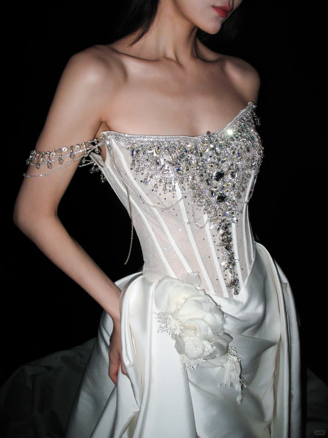 Shiny A Line Straps Rhinestone White Satin Long Wedding Dress with Slit DP8084