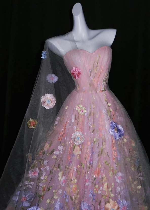 Sweety Ball Gown Sweetheart Neck Pink Embroidery Tulle Prom Dress Quinceanera Dress DP6609