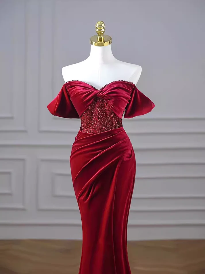 Elegant Mermaid Burgundy Velvet Prom Dress Evening Dress DP095