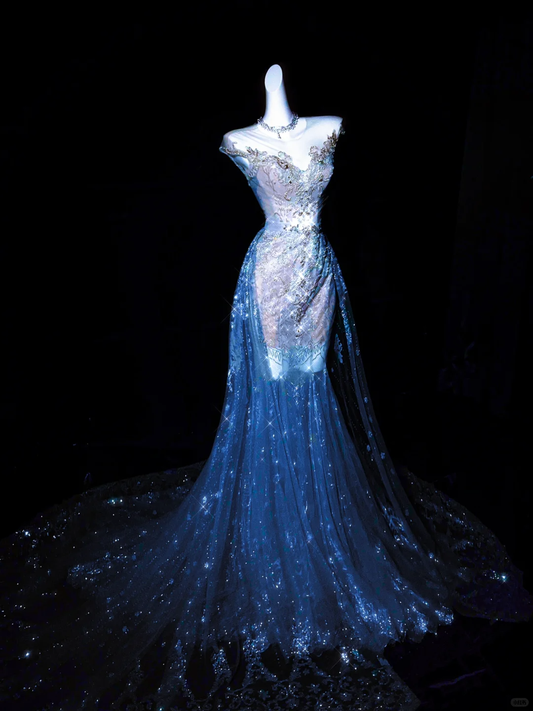 Dreamy Mermaid Round Neck Beaded Tulle Long Party Dress Evening Dress DP2597