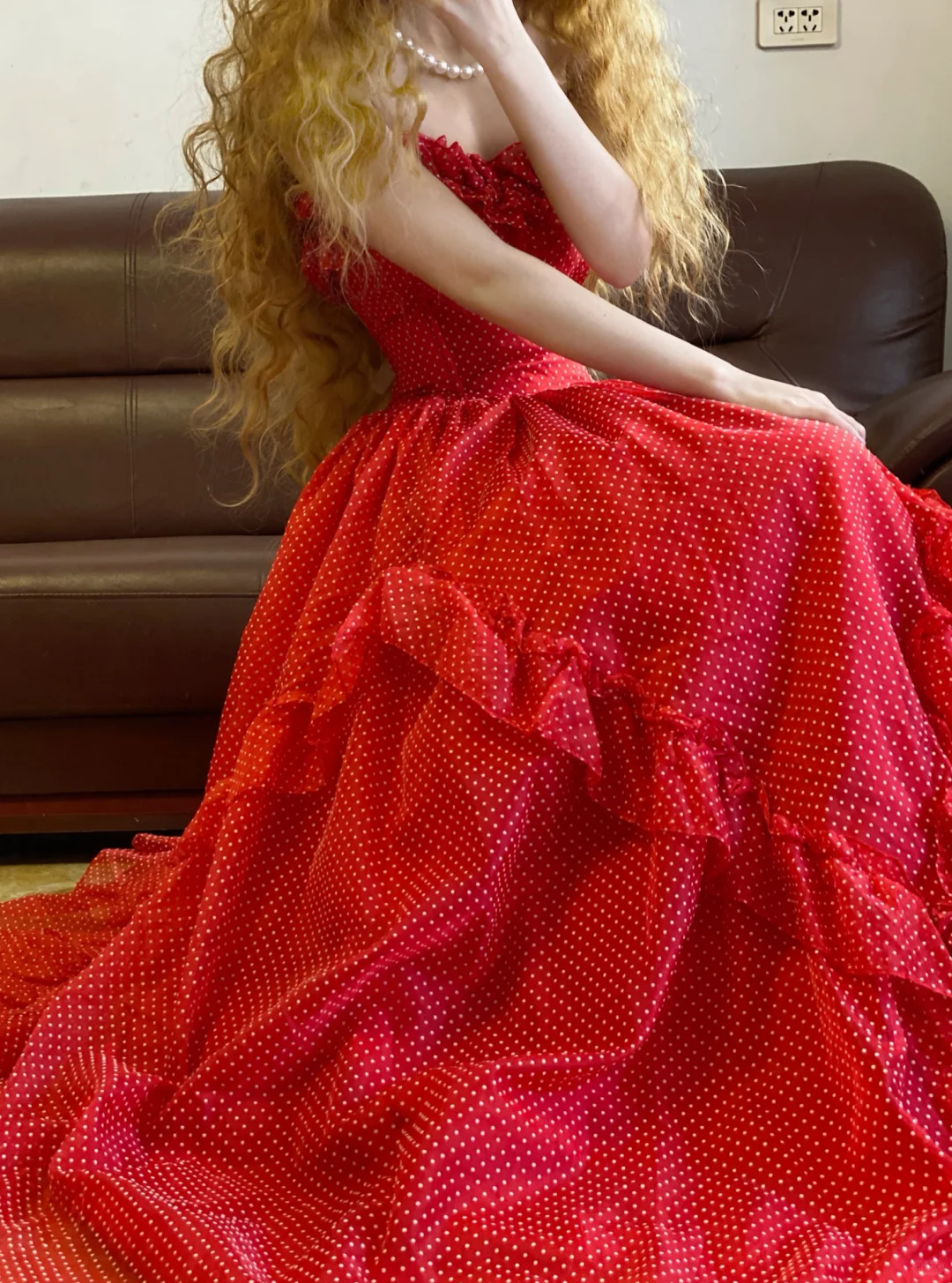 Red Ball Gown Sweetheart Neck Polka Dot Chiffon 16th Birthday Dress Quinceanera Dress DP4098