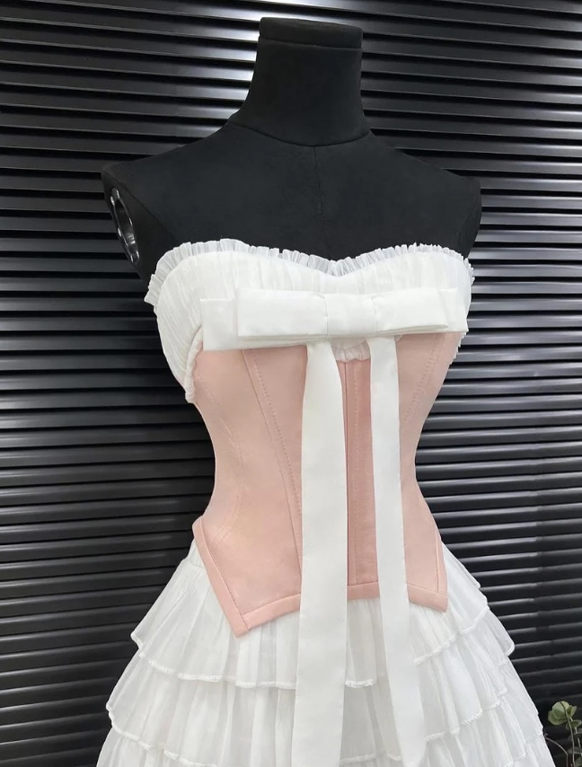 A Line Strapless Pink Satin Layered White Chiffon Mini Homecoming Dress Birthday Dress DP2612