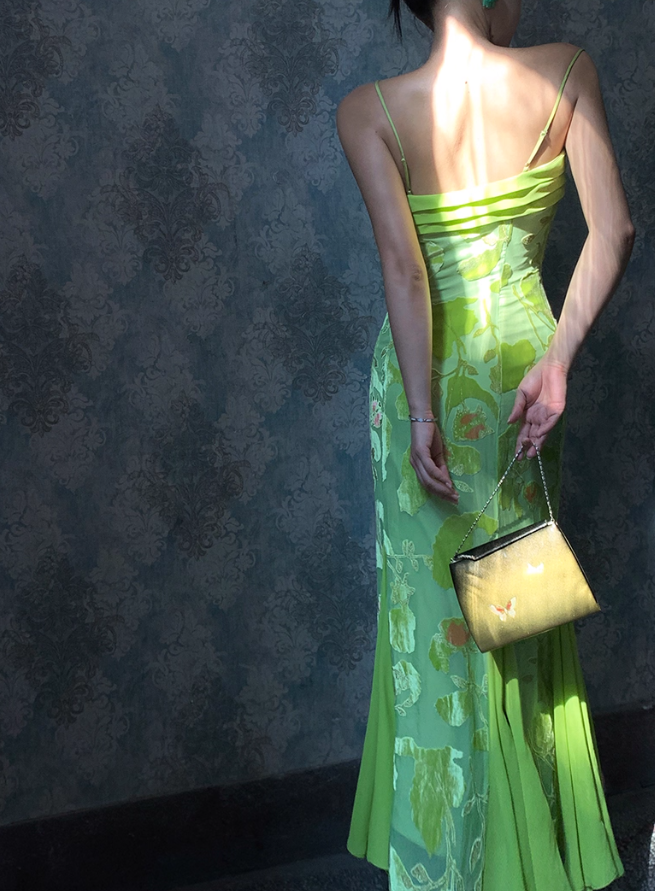 Stunning Green Mermaid Spaghetti Strap Print Floral Satin Chiffon Prom Dress Outfits DP3581