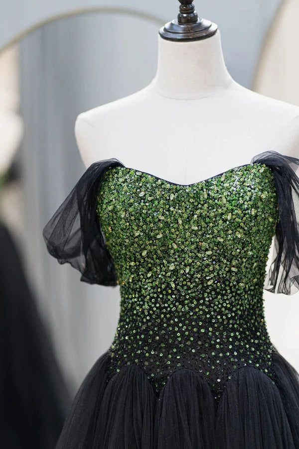 Gorgeous Sequins Beaded Tulle Long Prom Dress Off the Shoulder Formal Evening Dress DP644