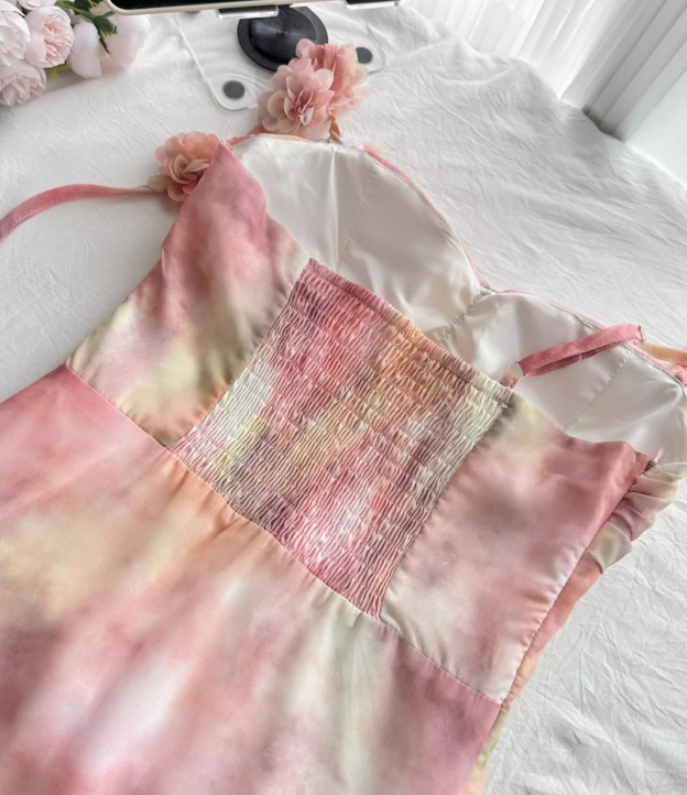 Multi-color Pink A Line One Shoulder Layered Chiffon Vacation Dress Homecoming Dress Outfits DP3543