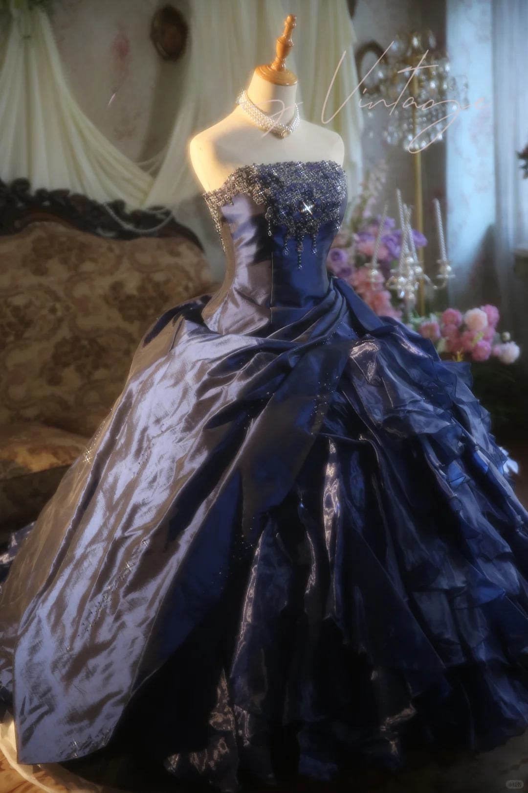 Vintage Ball Gown Strapless Beaded Layered Navy Blue Satin Prom Dress 16th Birthday Dress DP4141