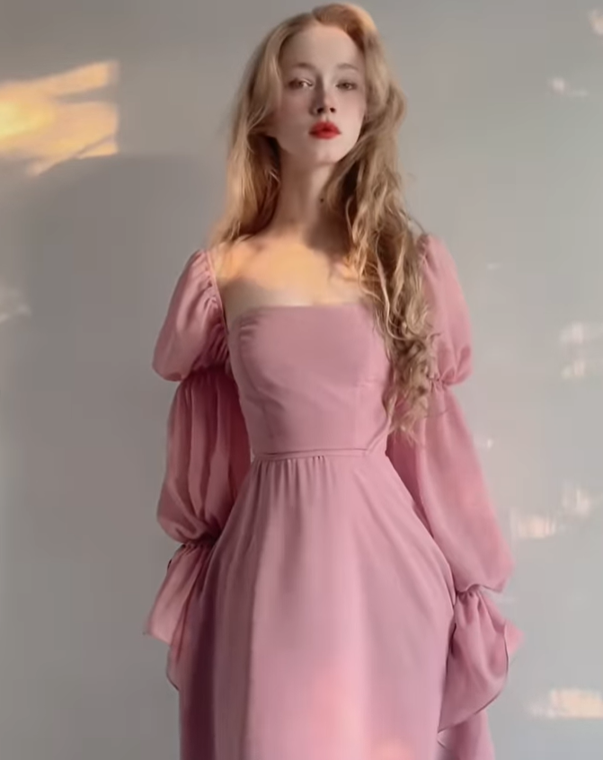Princess Pink A Line Long Sleeve Chiffon Long Prom Dress Evening Dress DP2802