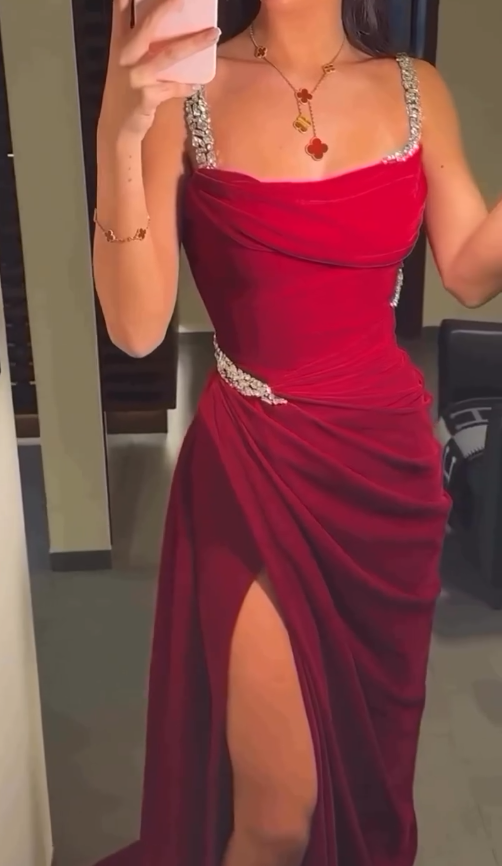 Burgundy Sheath Strap Rhinestone Velvet Long Prom Dress Wedding Guest Dress with Slit DP4081
