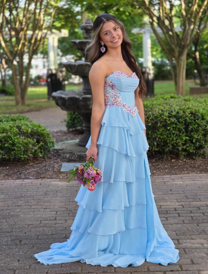 Beautiful Blue A Line Strapless Appliques Layered Chiffon Prom Dress Party Evening Dress DP6314
