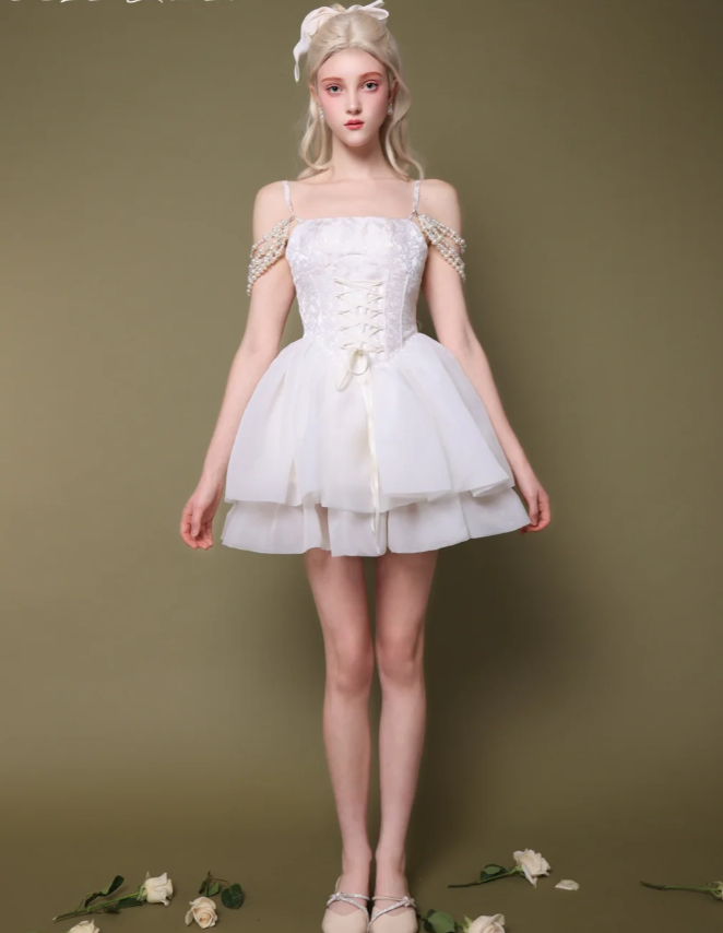 Fairy A Line Straps White Pearl Organza Satin Short Homecoming Dress Cocktail Dress DP2635